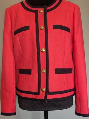 J. Crew NWOT Coral Pink Jacket with Black Trim and Gold Buttons